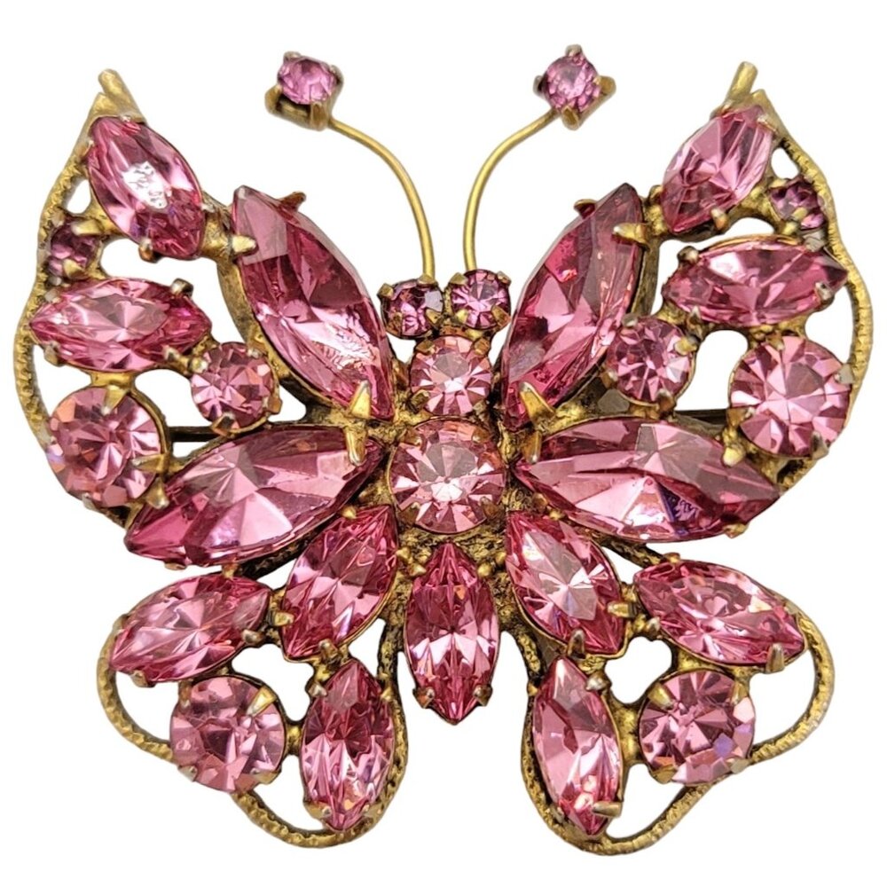Vintage Gold Tone Pink Prong Set Rhinestone Butterfly Brooch Pin K588